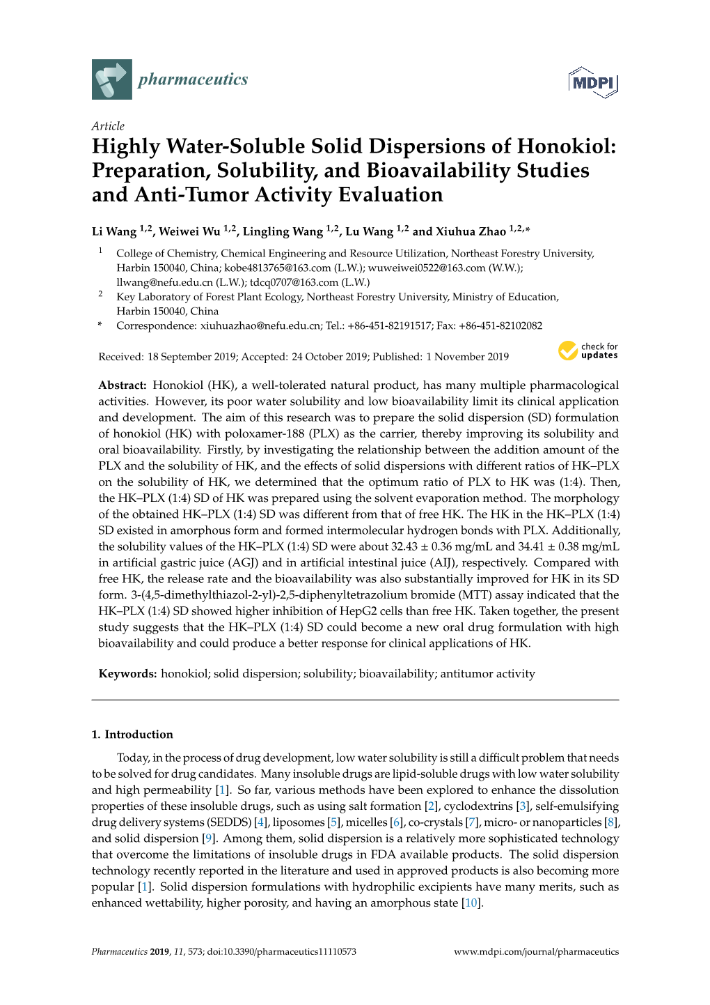 Highly Water-Soluble Solid Dispersions of Honokiol: Preparation, Solubility, and Bioavailability Studies and Anti-Tumor Activity Evaluation