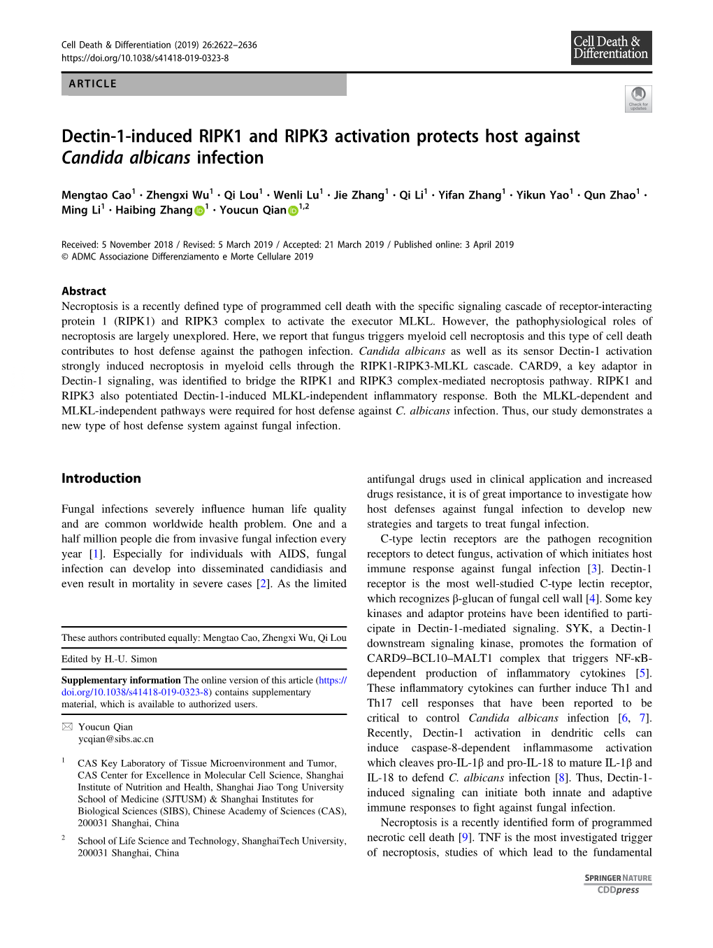 Dectin-1-Induced RIPK1 and RIPK3 Activation Protects Host Against Candida Albicans Infection