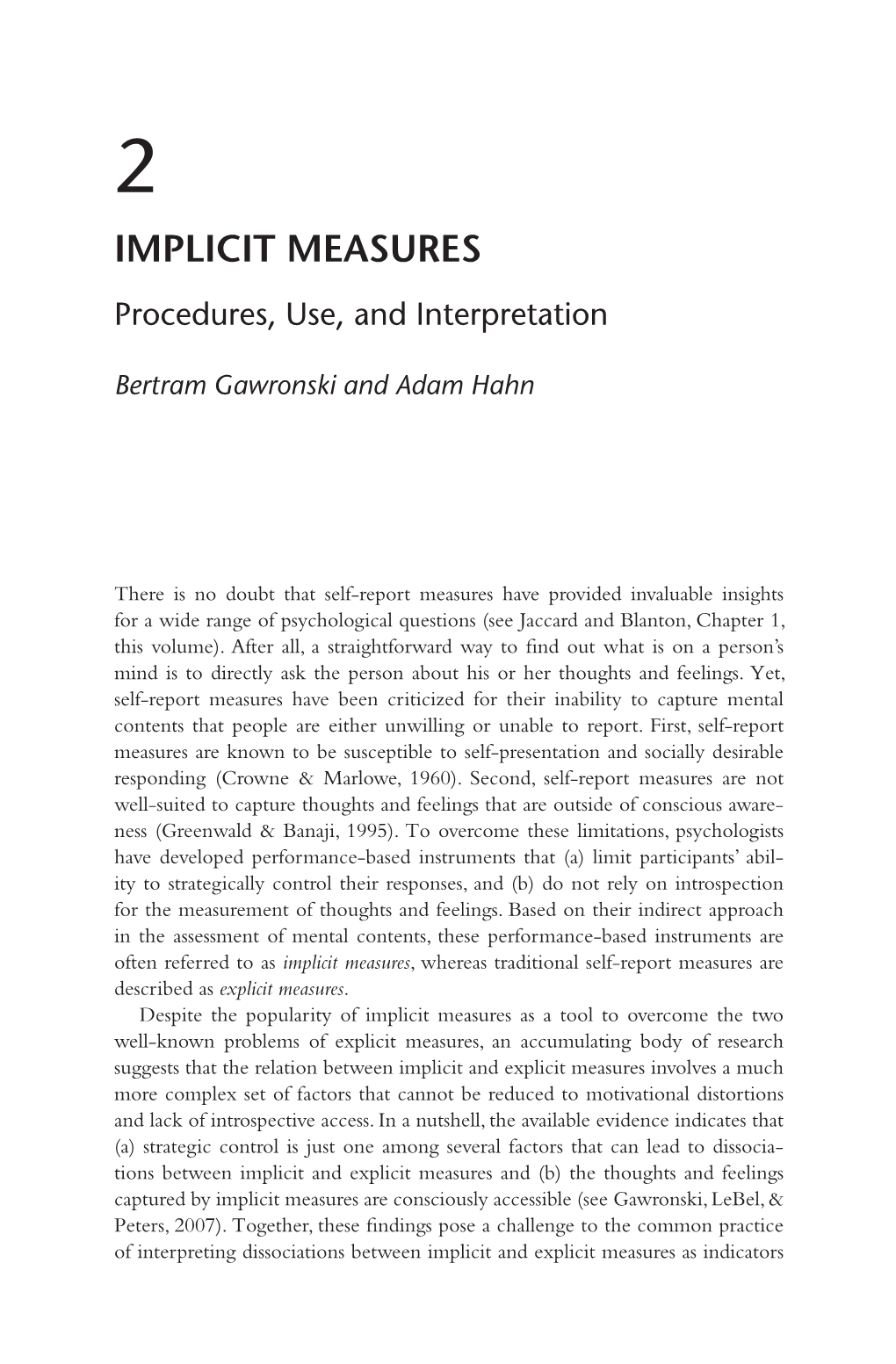 IMPLICIT MEASURES Procedures, Use, and Interpretation