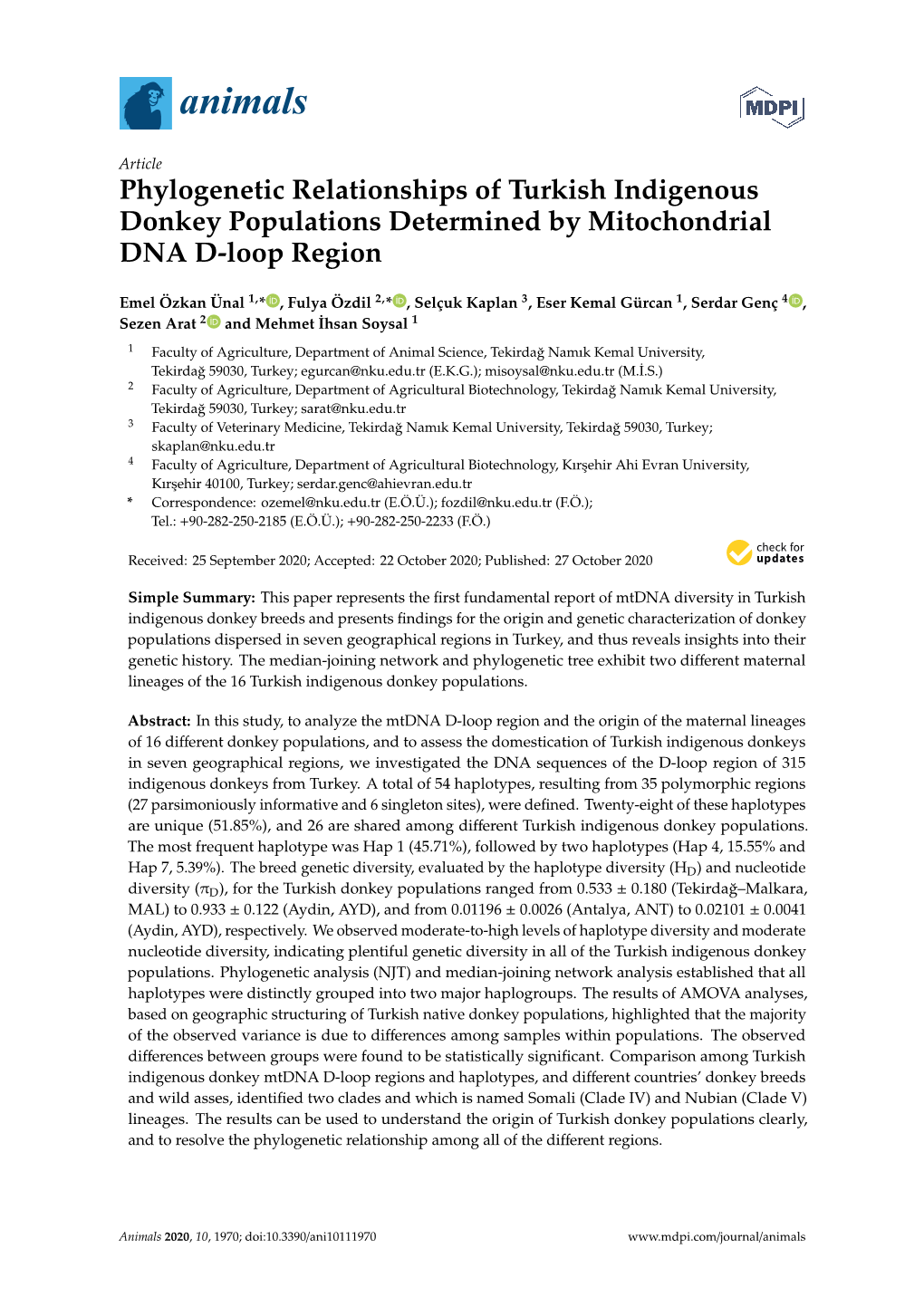 Phylogenetic Relationships of Turkish Indigenous Donkey Populations Determined by Mitochondrial DNA D-Loop Region