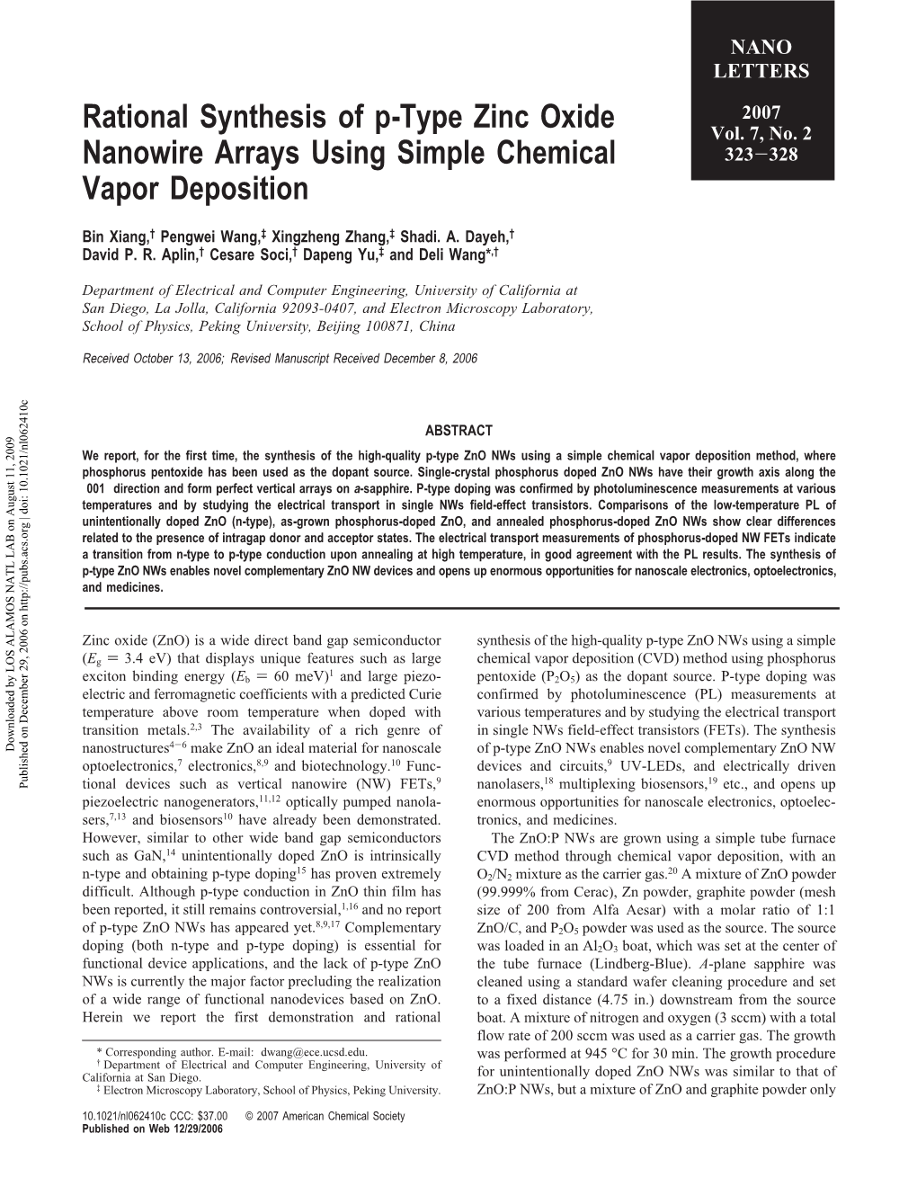 Rational Synthesis of P-Type Zinc Oxide Nanowire Arrays Using Simple Chemical Vapor Deposition