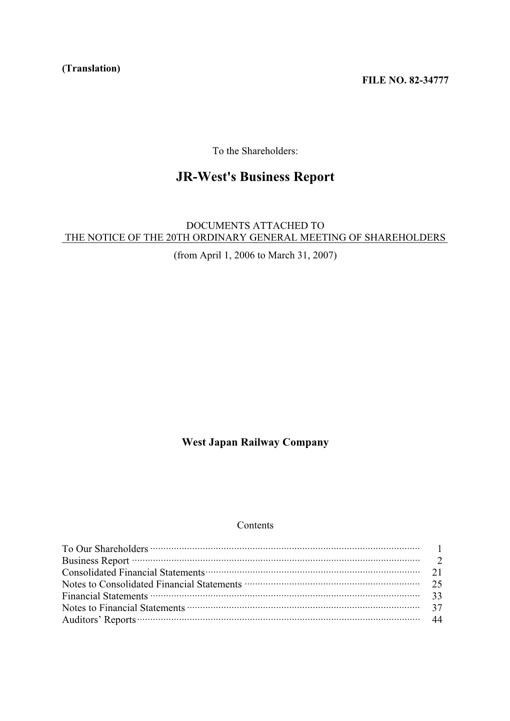 JR-West's Business Report
