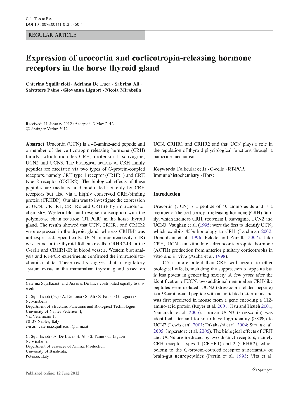 Expression of Urocortin and Corticotropin-Releasing Hormone Receptors in the Horse Thyroid Gland