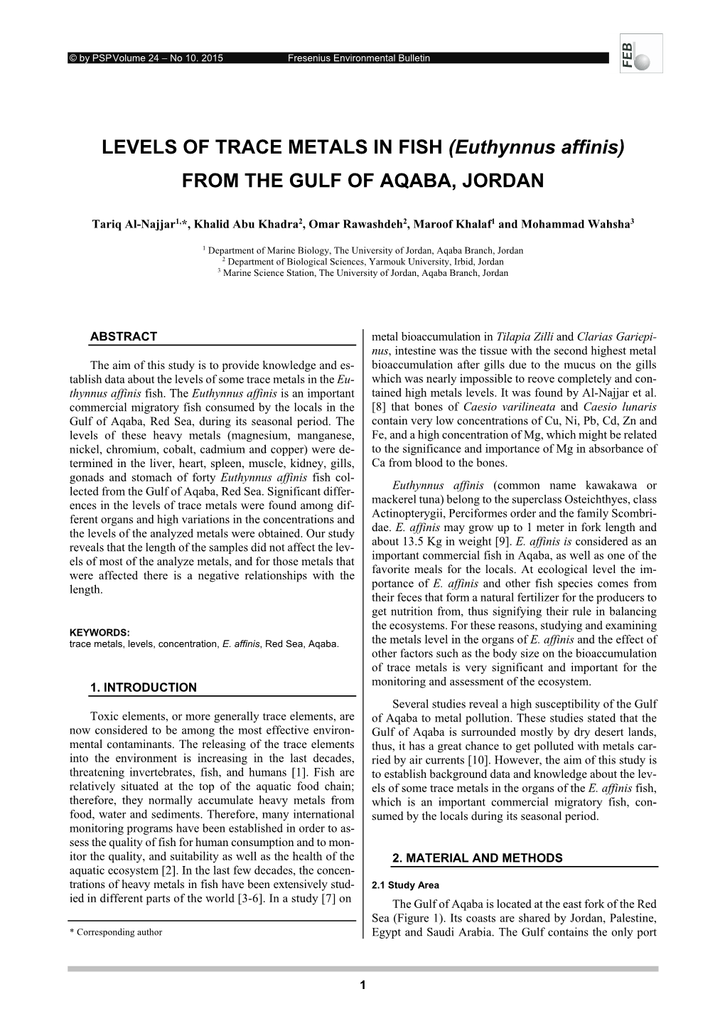 LEVELS of TRACE METALS in FISH (Euthynnus Affinis) from the GULF of AQABA, JORDAN
