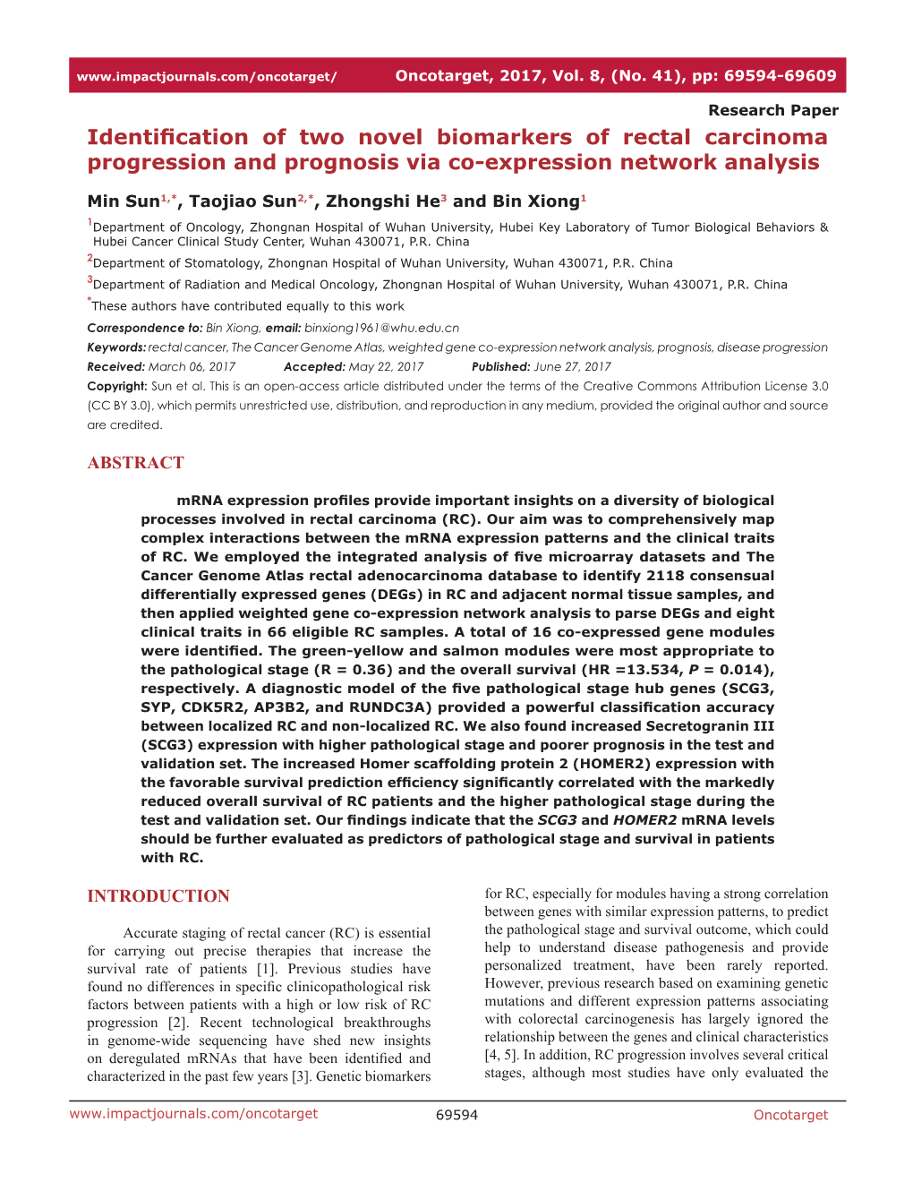 Identification of Two Novel Biomarkers of Rectal Carcinoma Progression and Prognosis Via Co-Expression Network Analysis