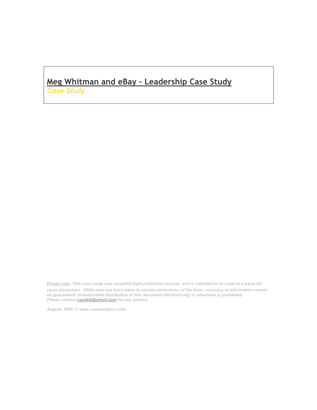 Meg Whitman and Ebay – Leadership Case Study Case Study