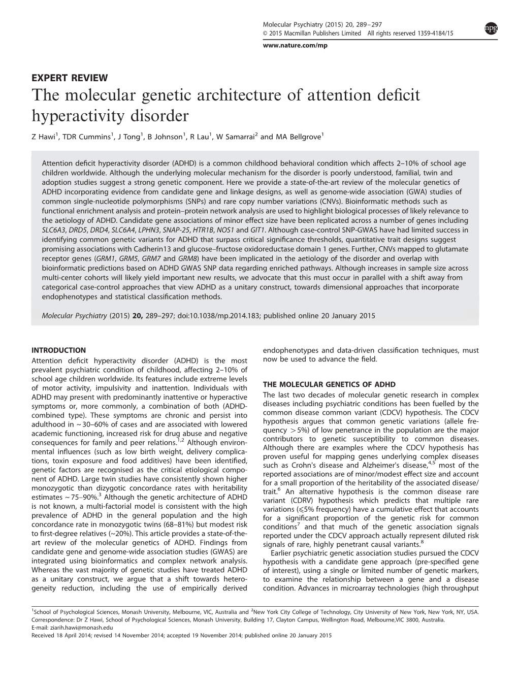 The Molecular Genetic Architecture of Attention Deficit Hyperactivity Disorder