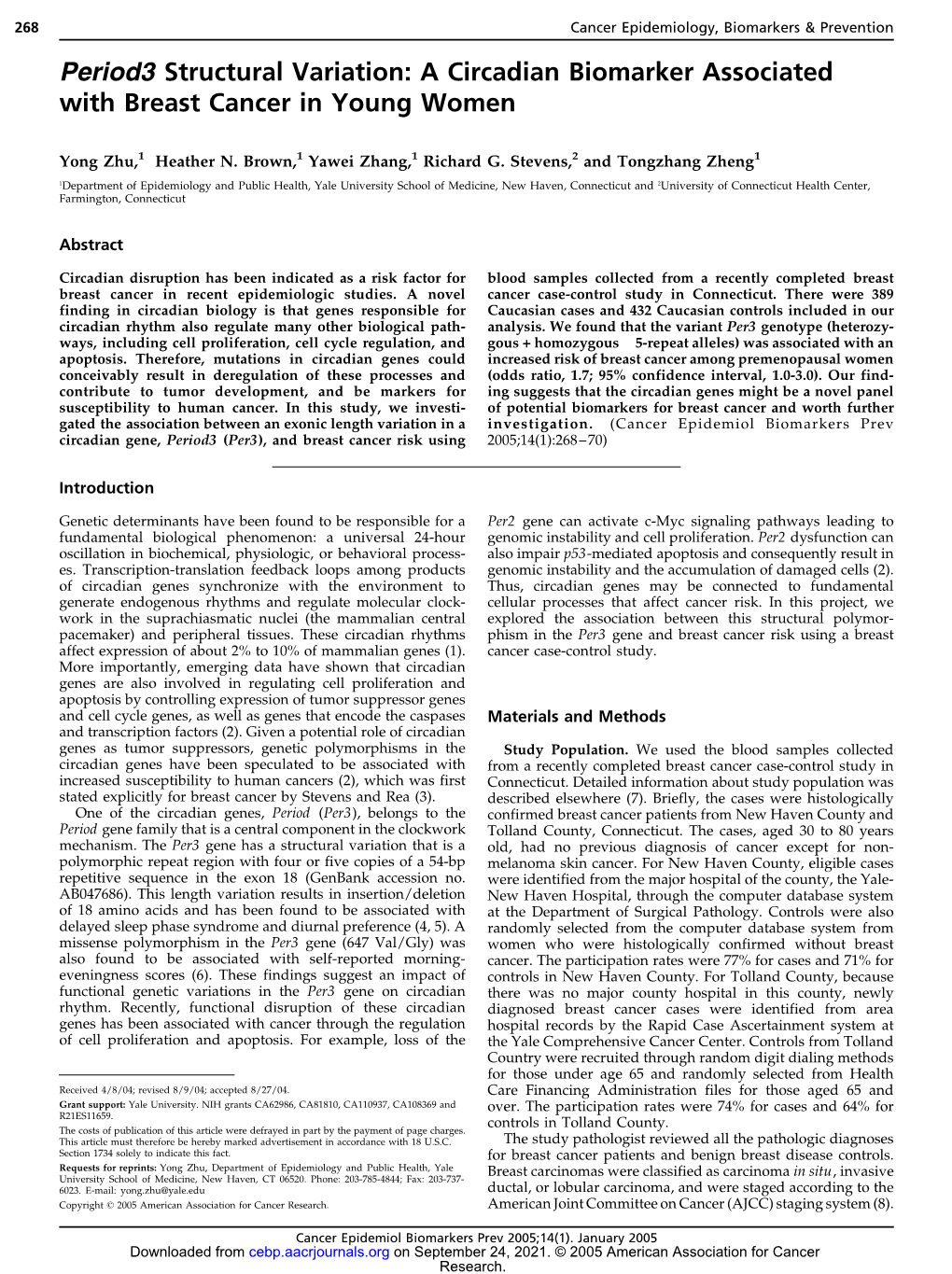 A Circadian Biomarker Associated with Breast Cancer in Young Women