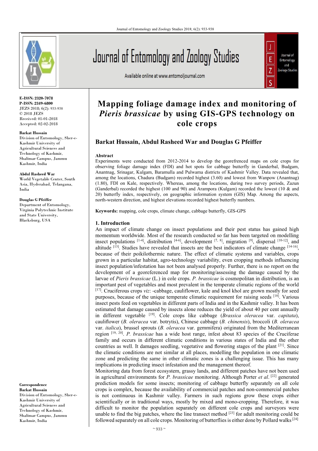 Mapping Foliage Damage Index and Monitoring of Pieris Brassicae by Using GIS-GPS Technology on Cole Crops