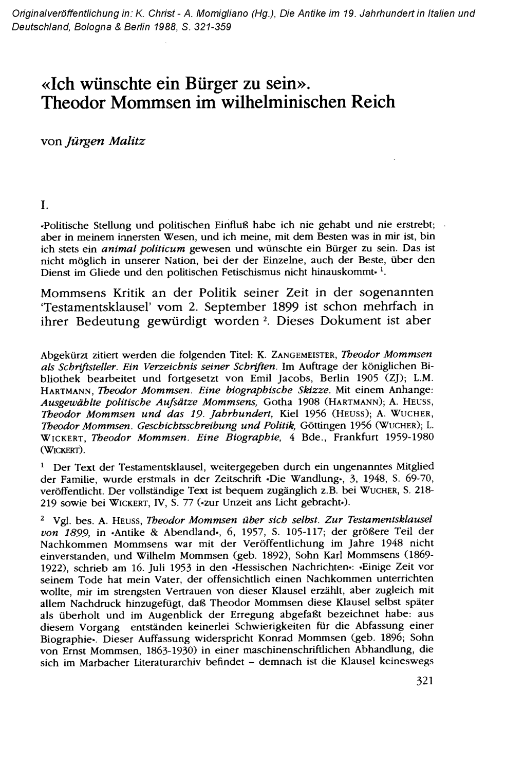 «Ich Wünschte Ein Bürger Zu Sein». Theodor Mommsen Im Wilhelminischen Reich