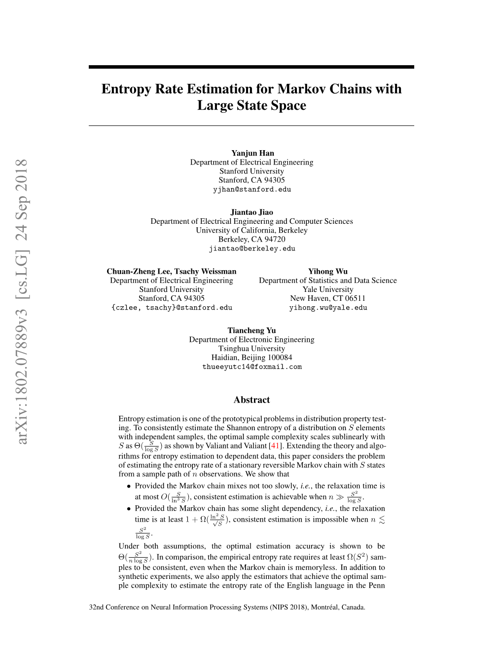 Entropy Rate Estimation for Markov Chains with Large State Space