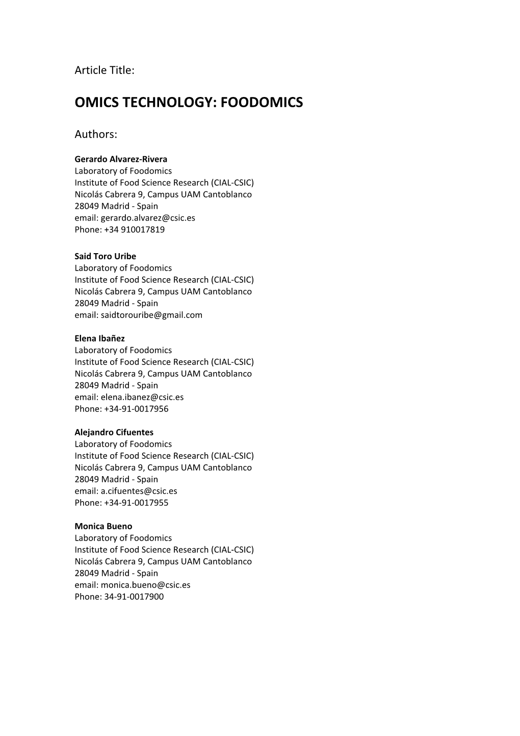 Omics Technology: Foodomics