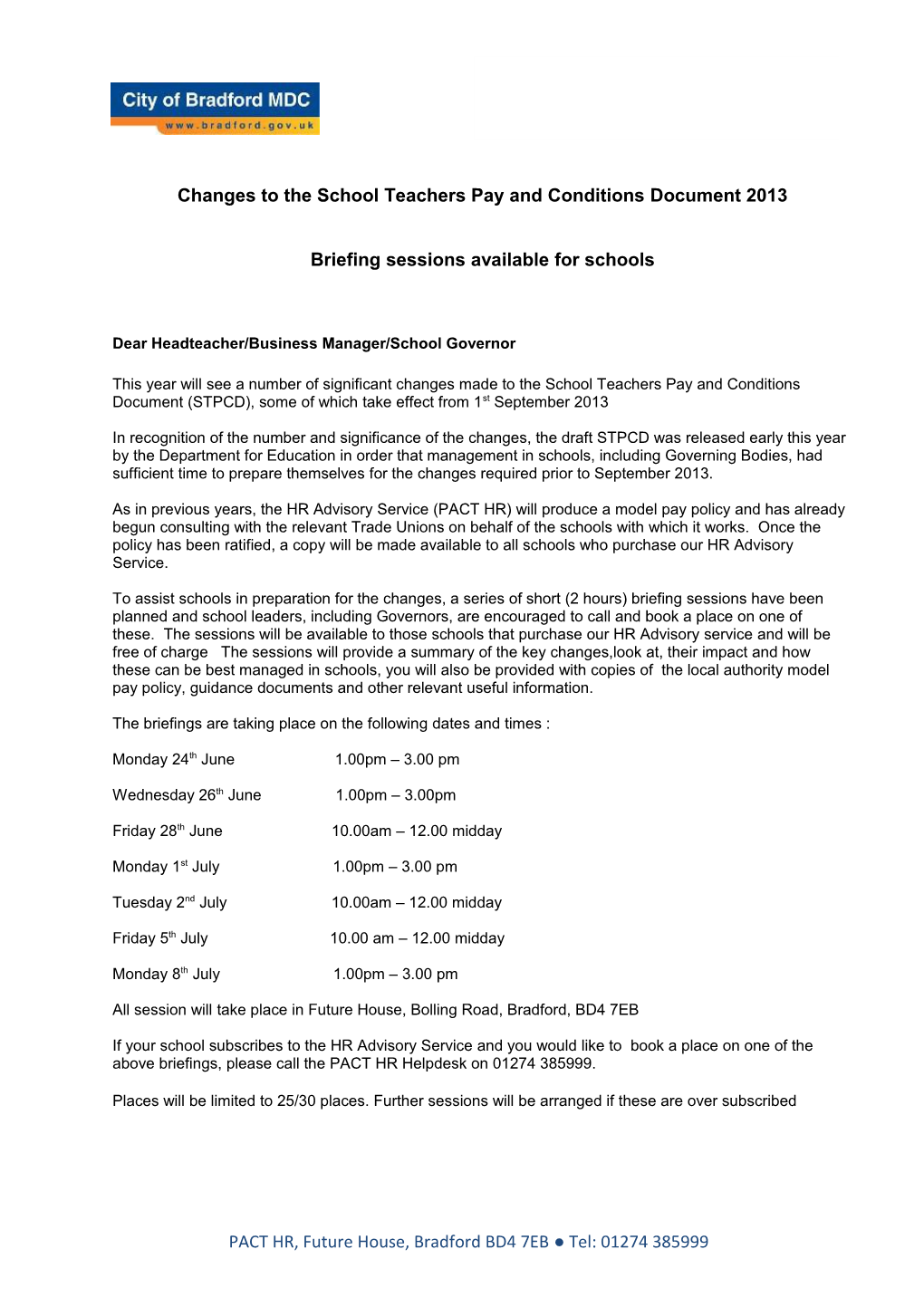 Training Sessions Available on the Changes to the School Teachers Pay and Conditions Document