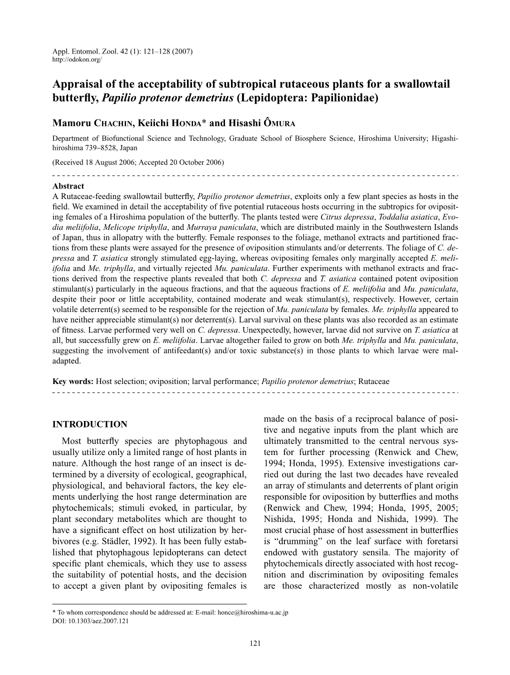 Appraisal of the Acceptability of Subtropical Rutaceous Plants for a Swallowtail Butterﬂy, Papilio Protenor Demetrius (Lepidoptera: Papilionidae)