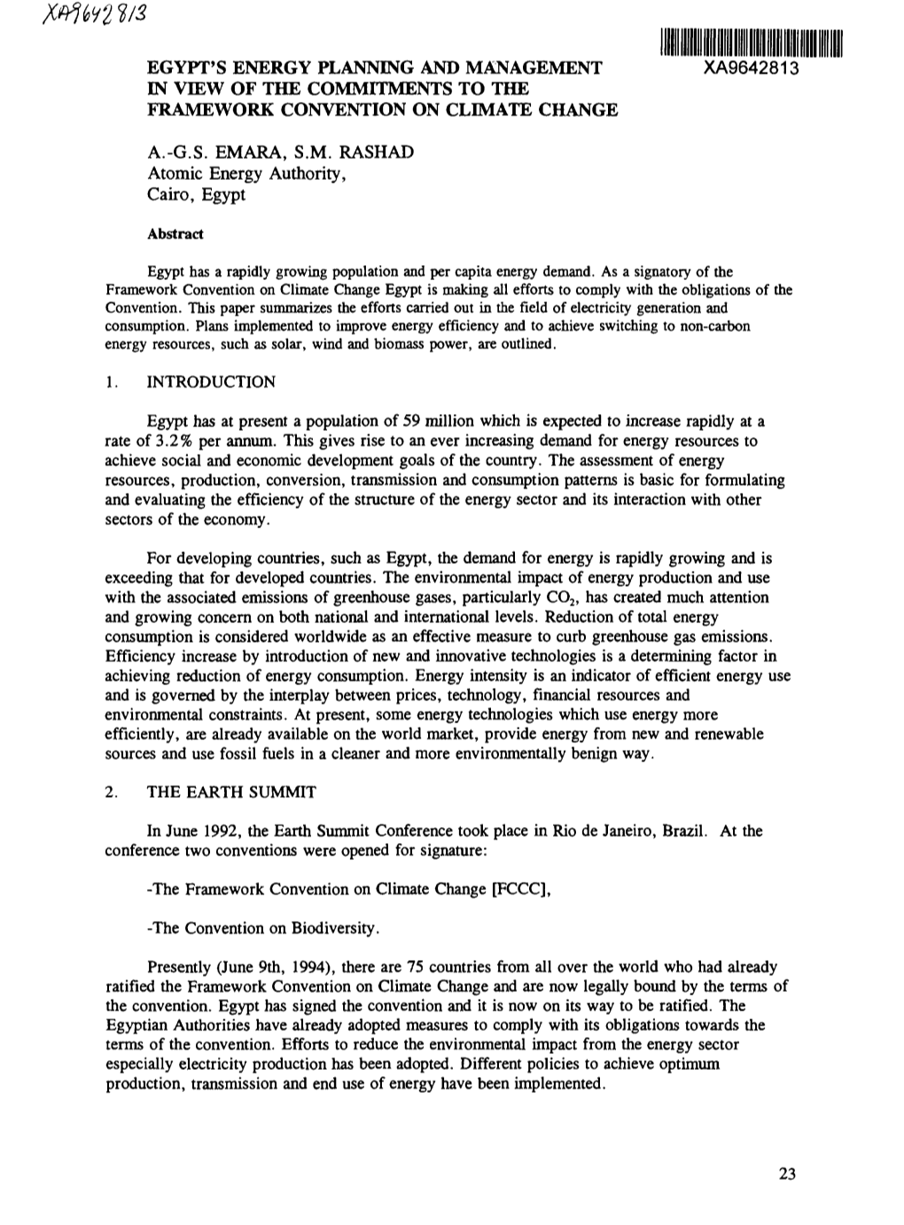 Egypt's Energy Planning and Management Xa9642813 in View of the Commitments to the Framework Convention on Climate Change