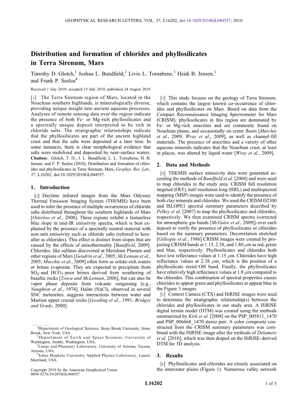 Distribution and Formation of Chlorides and Phyllosilicates in Terra Sirenum, Mars Timothy D