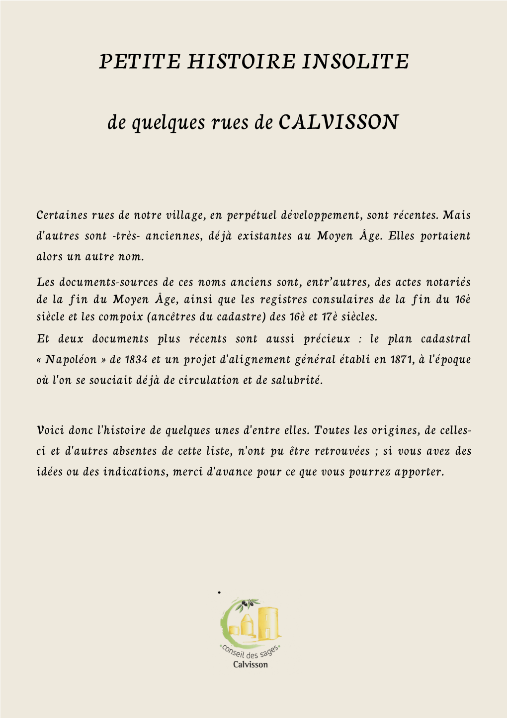 PETITE HISTOIRE INSOLITE De Quelques Rues De CALVISSON