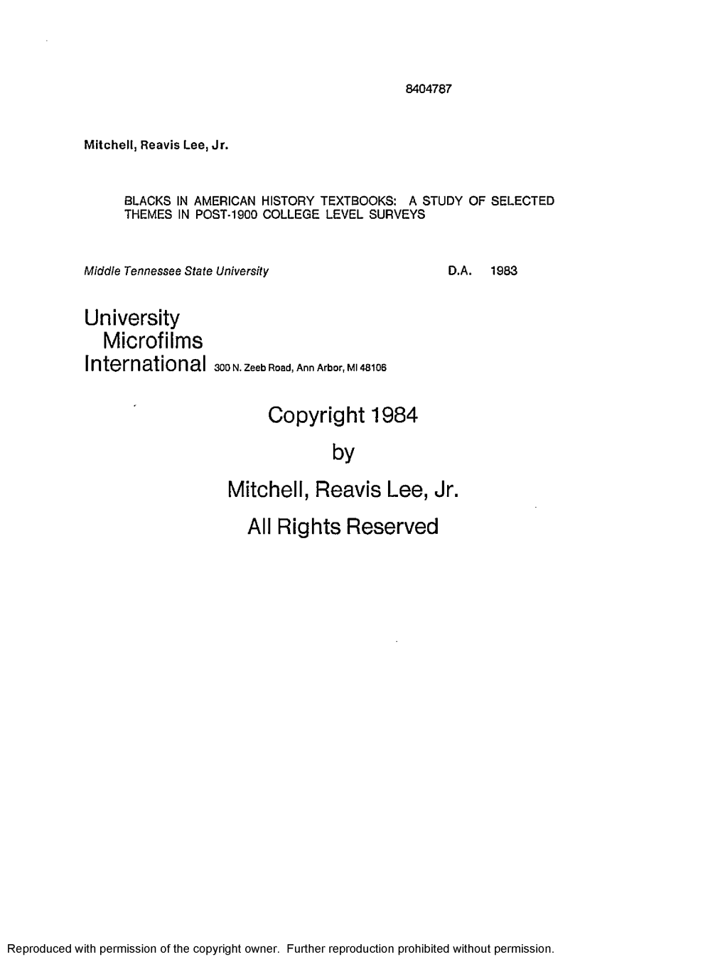 University Microfilms Copyright 1984 by Mitchell, Reavis Lee, Jr. All