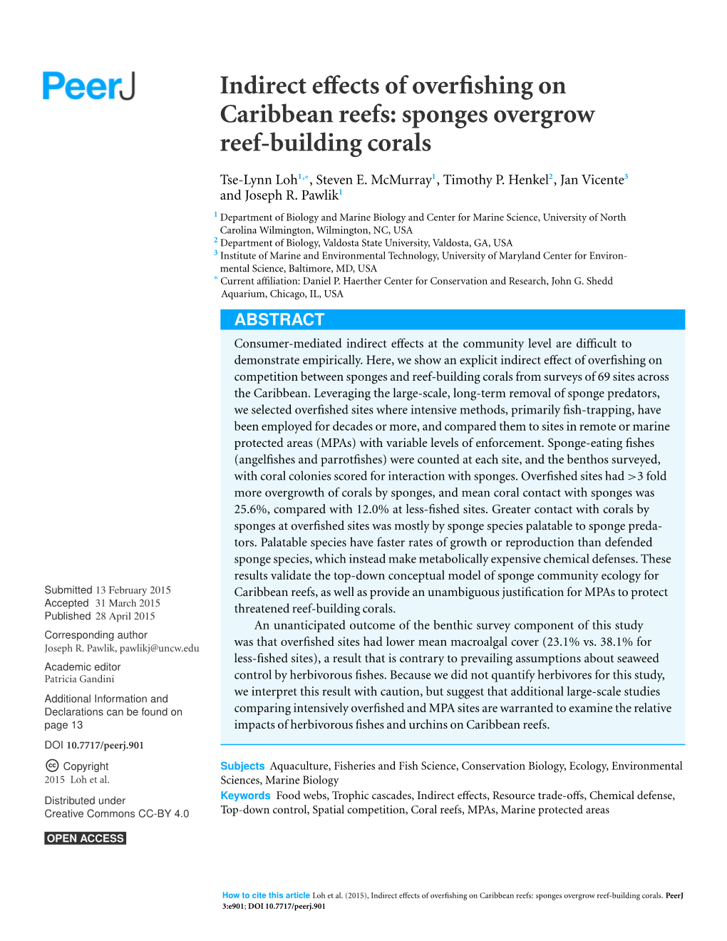 Indirect Effects of Overfishing on Caribbean Reefs: Sponges Overgrow Reef-Building Corals