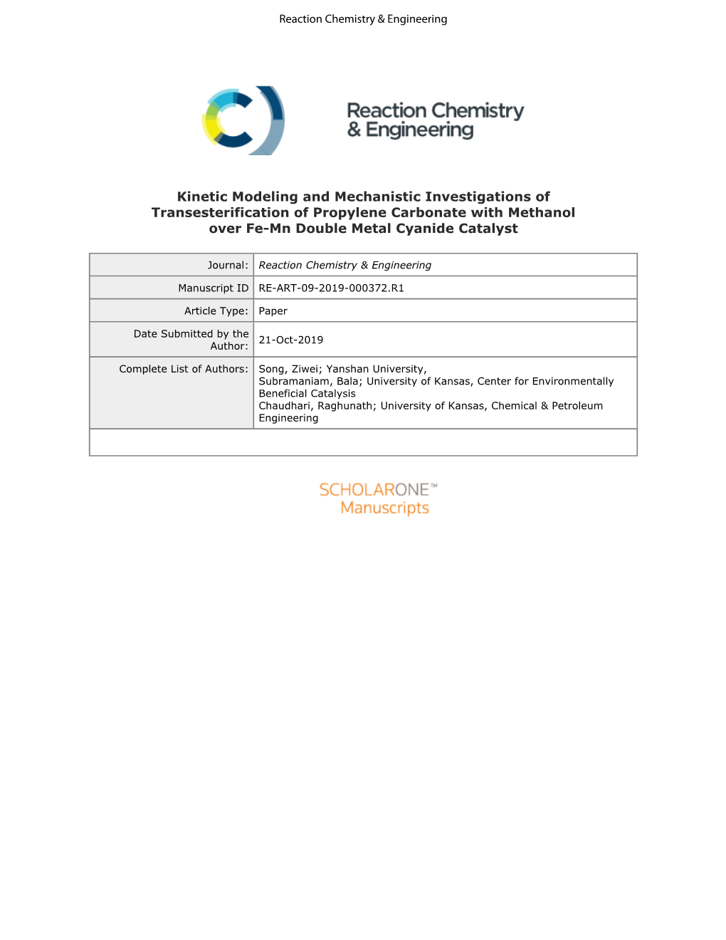 Kinetic Modeling and Mechanistic Investigations of Transesterification of Propylene Carbonate with Methanol Over Fe-Mn Double Metal Cyanide Catalyst