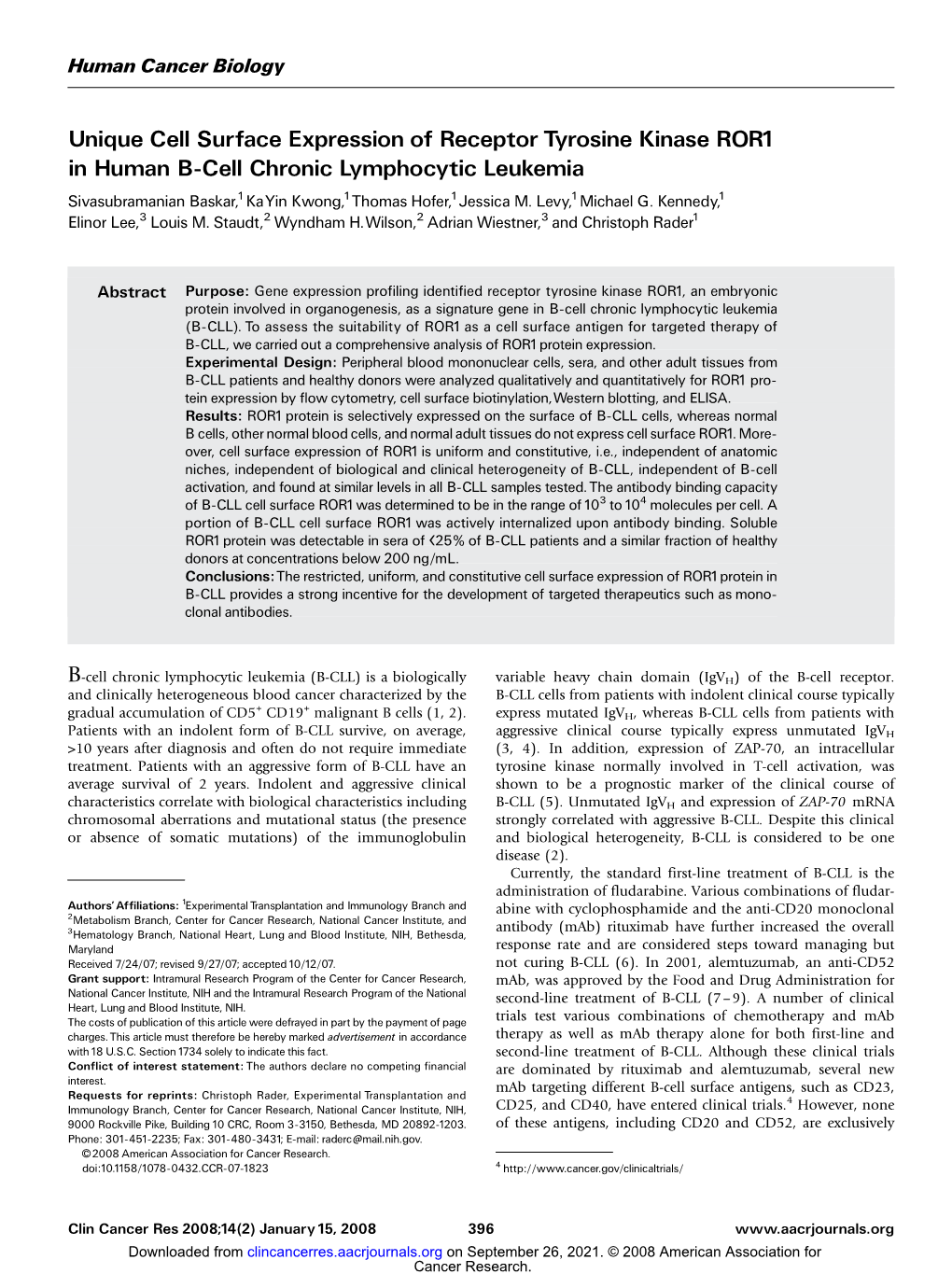 Unique Cell Surface Expression of Receptor Tyrosine Kinase ROR1 In