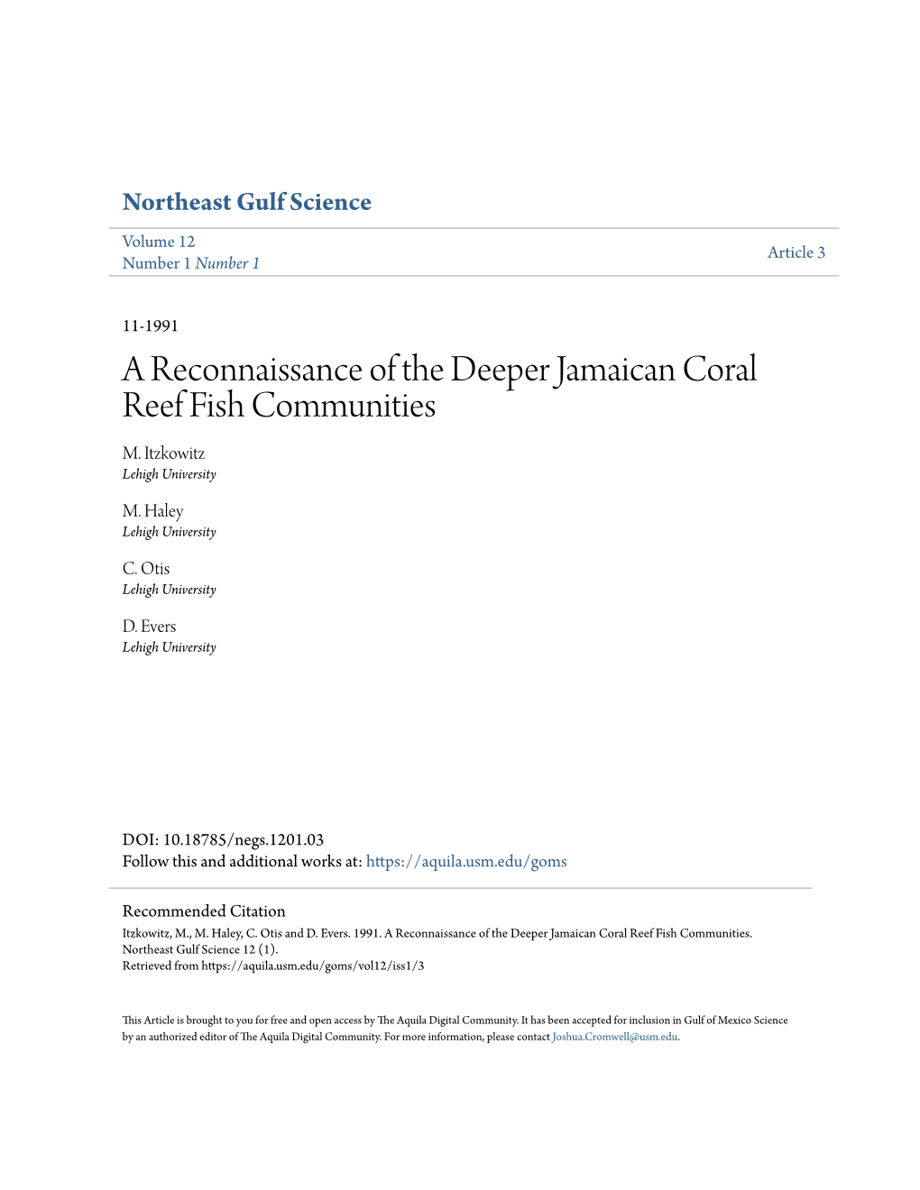 A Reconnaissance of the Deeper Jamaican Coral Reef Fish Communities M