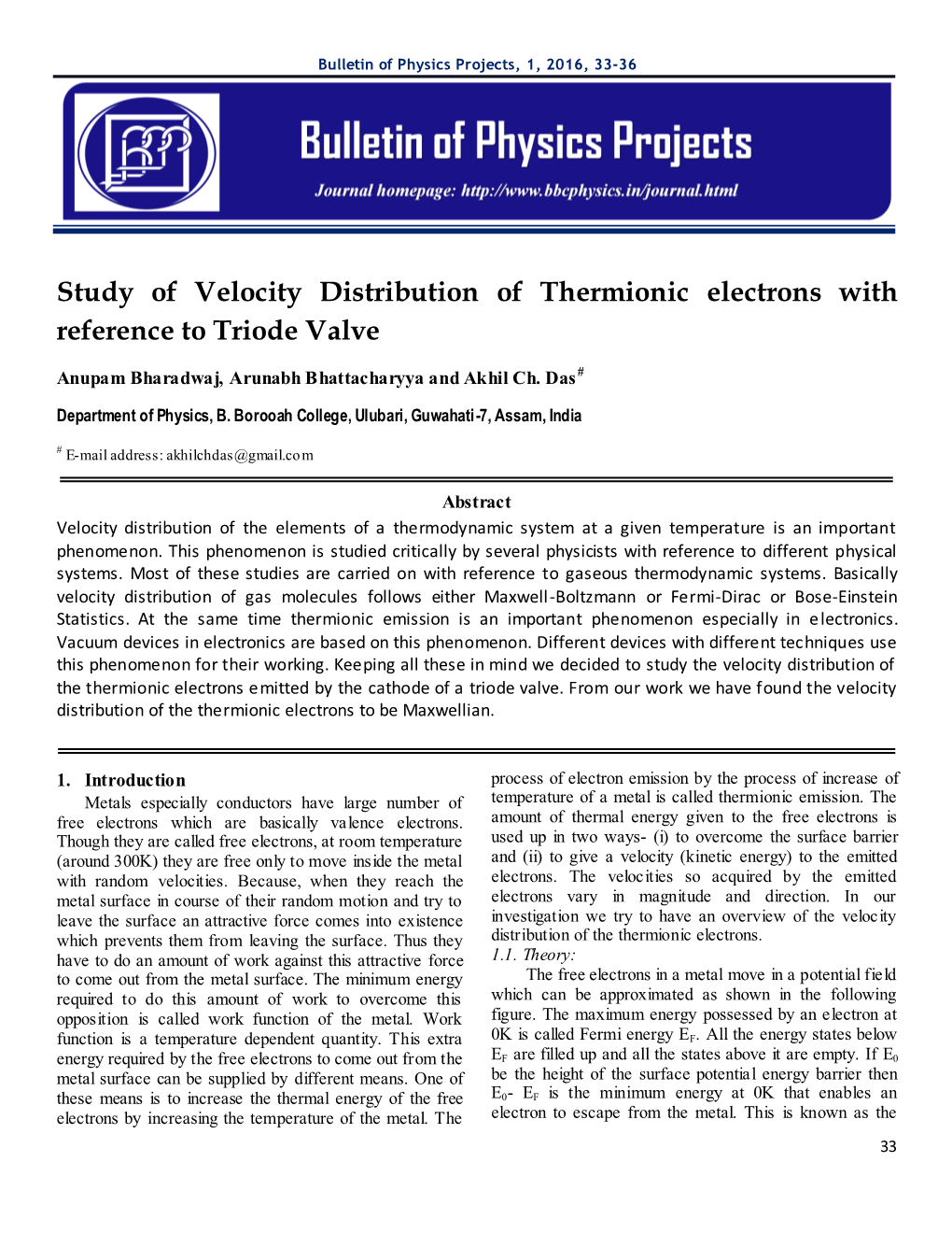 Study of Velocity Distribution of Thermionic Electrons with Reference to Triode Valve