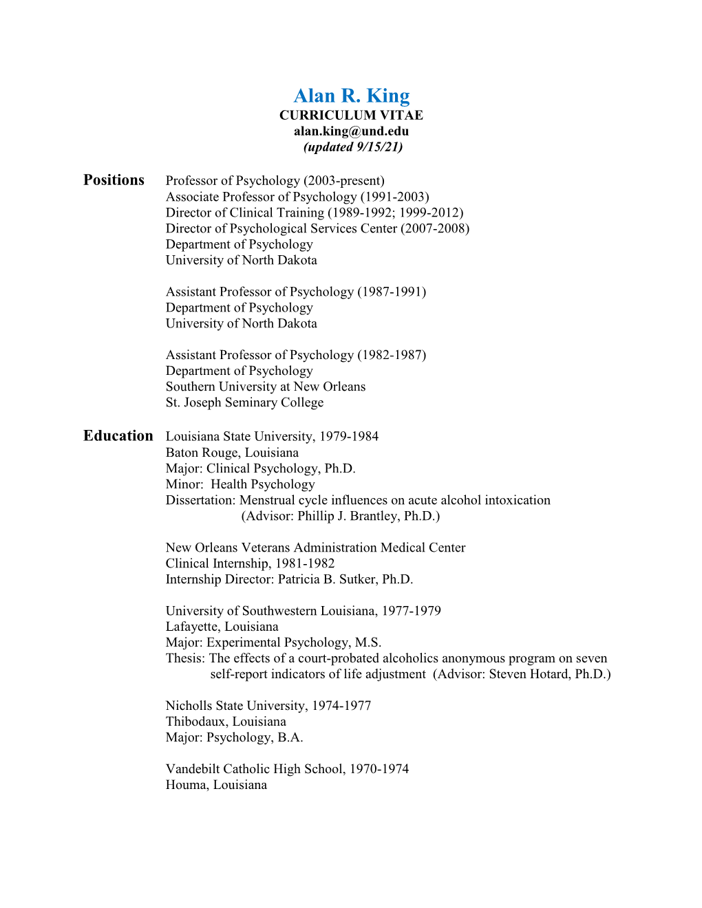 CURRICULUM VITAE Alan.King@Und.Edu (Updated 9/15/21)