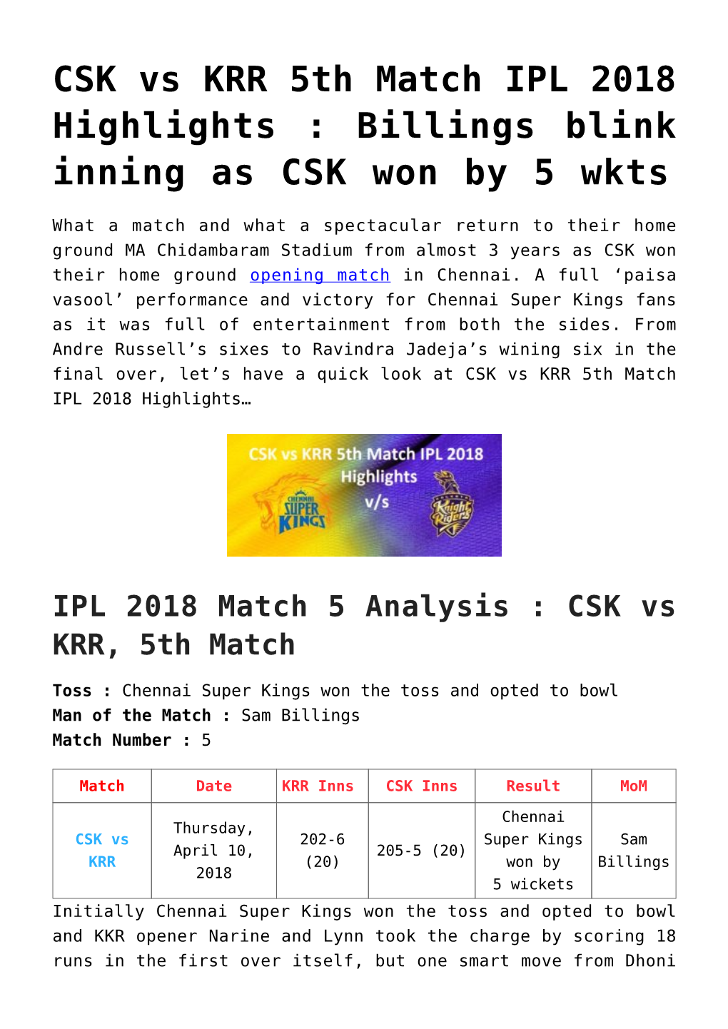 CSK Vs KRR 5Th Match IPL 2018 Highlights : Billings Blink Inning As CSK Won by 5 Wkts