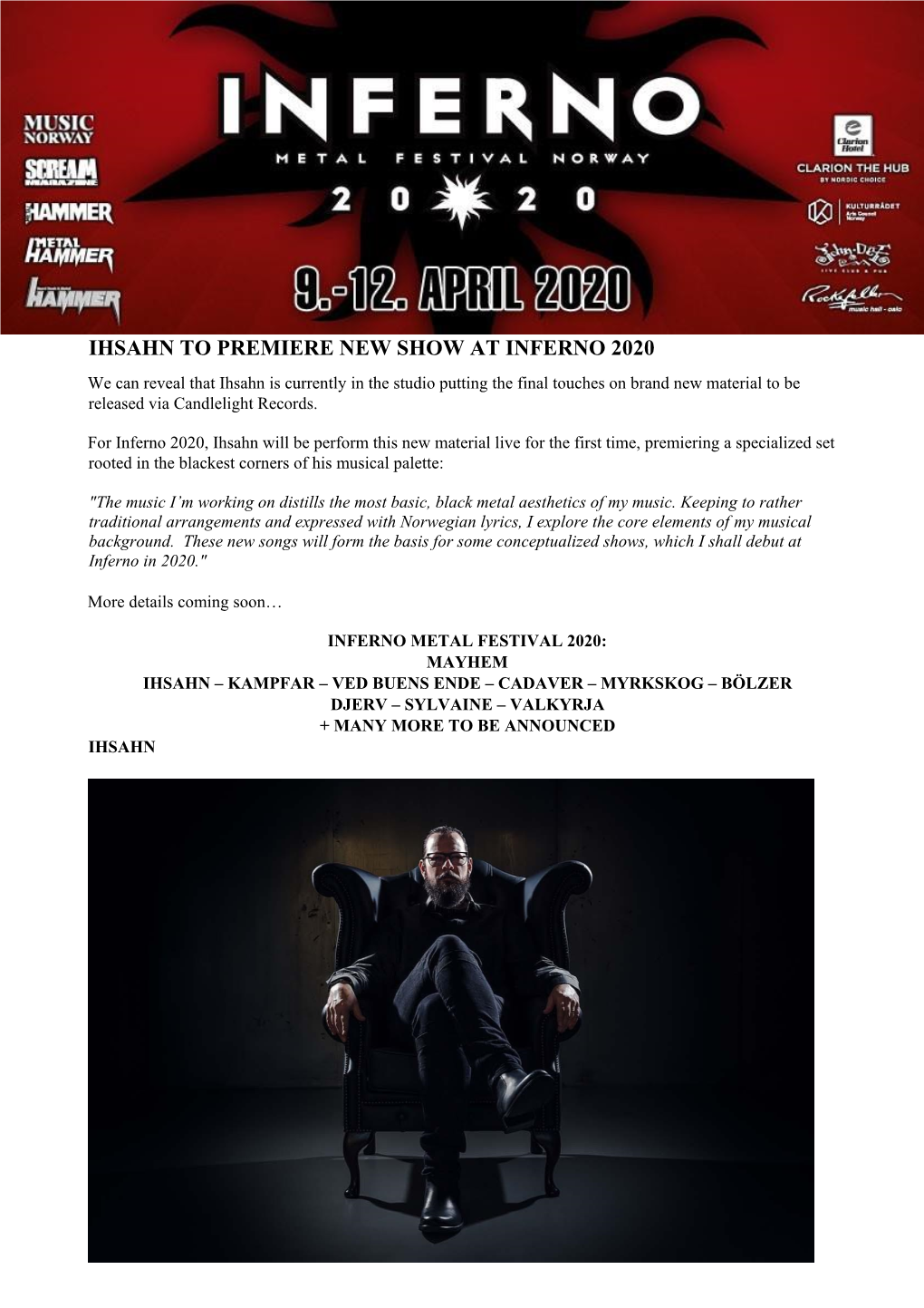 Ihsahn to Premiere New Show at Inferno 2020