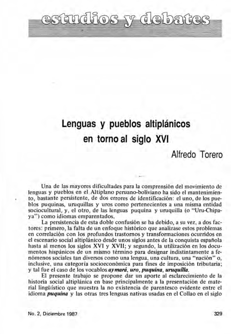 Lenguas Y Pueblos Altiplánicos En Torno Al Siglo XVI Alfredo Torero