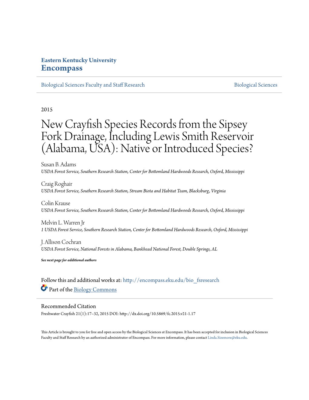 New Crayfish Species Records from the Sipsey Fork Drainage, Including Lewis Smith Reservoir (Alabama, USA): Native Or Introduced Species? Susan B