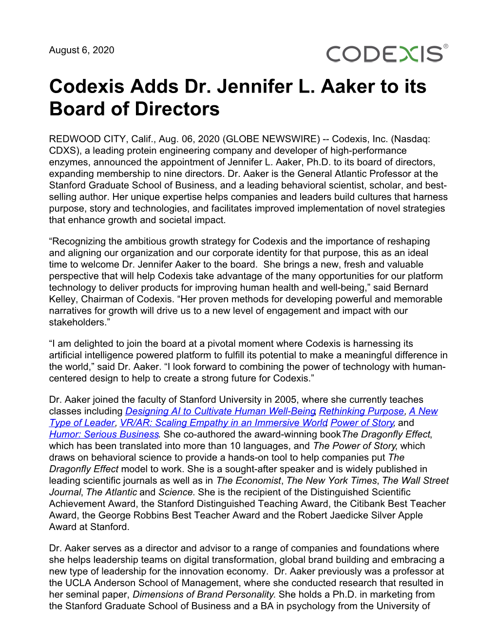 Codexis Adds Dr. Jennifer L. Aaker to Its Board of Directors