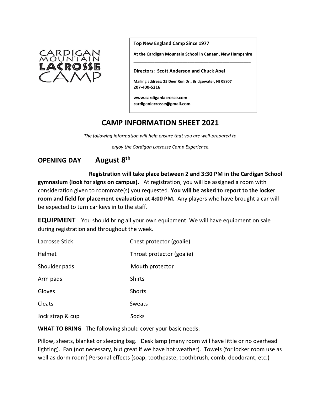 CAMP INFORMATION SHEET 2021 August