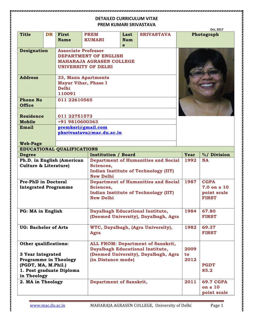 Detailed Curriculum Vitae Prem Kumari Srivastava