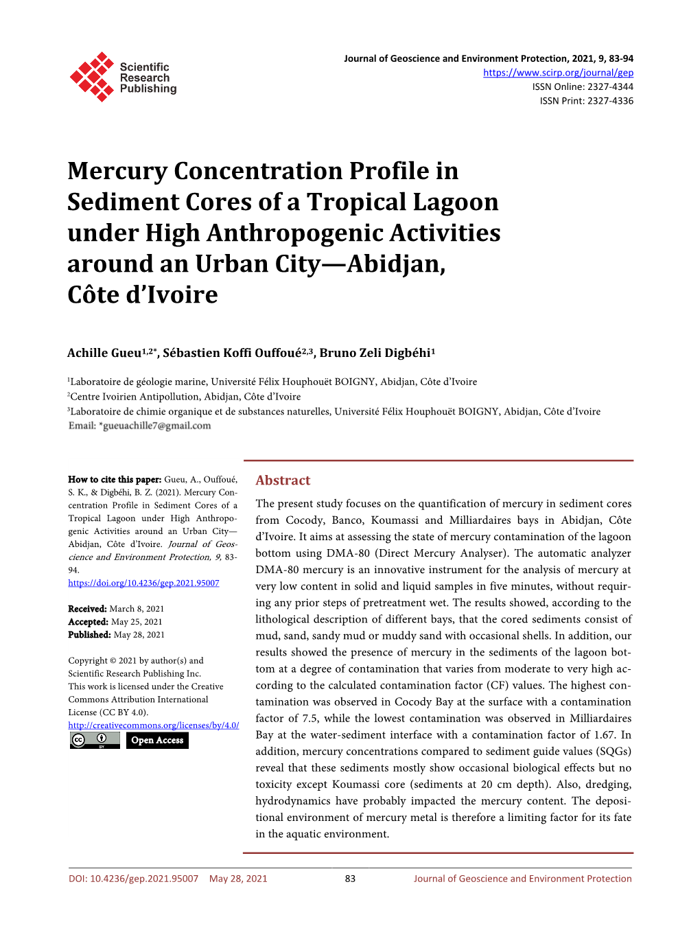 Mercury Concentration Profile in Sediment Cores of a Tropical Lagoon Under High Anthropogenic Activities Around an Urban City—Abidjan, Côte D’Ivoire