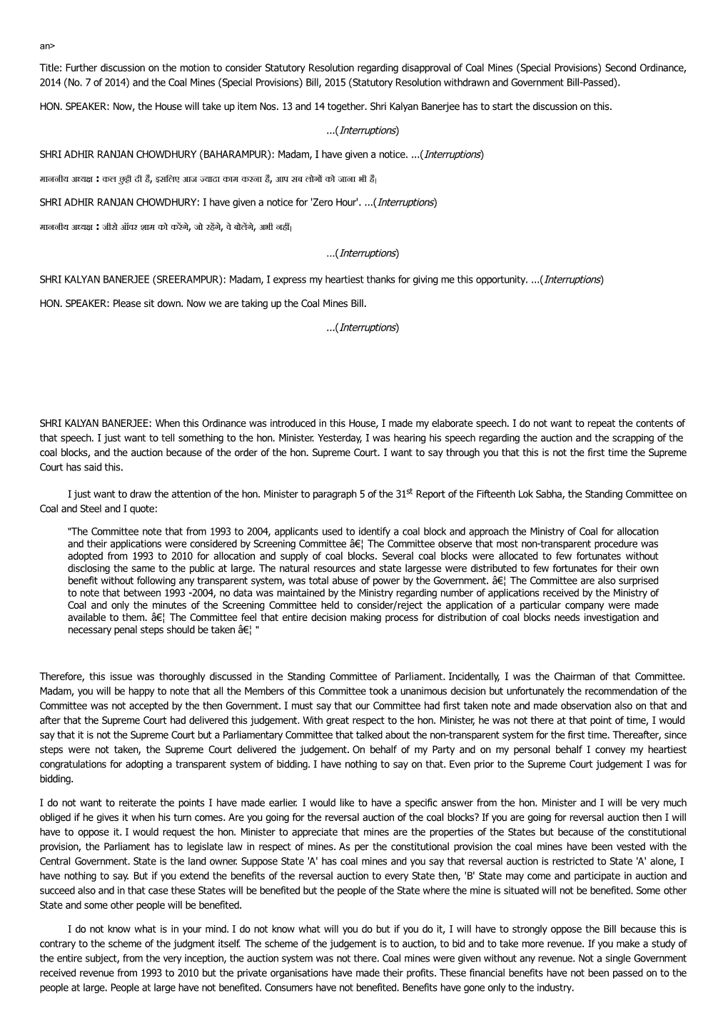 Title: Further Discussion on the Motion to Consider Statutory Resolution Regarding Disapproval of Coal Mines (Special Provisions) Second Ordinance, 2014 (No