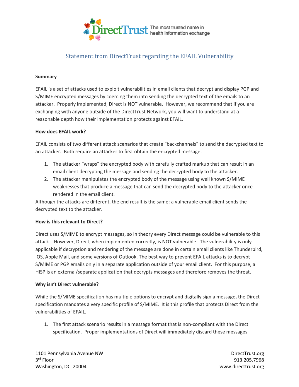Statement from Directtrust Regarding the EFAIL Vulnerability