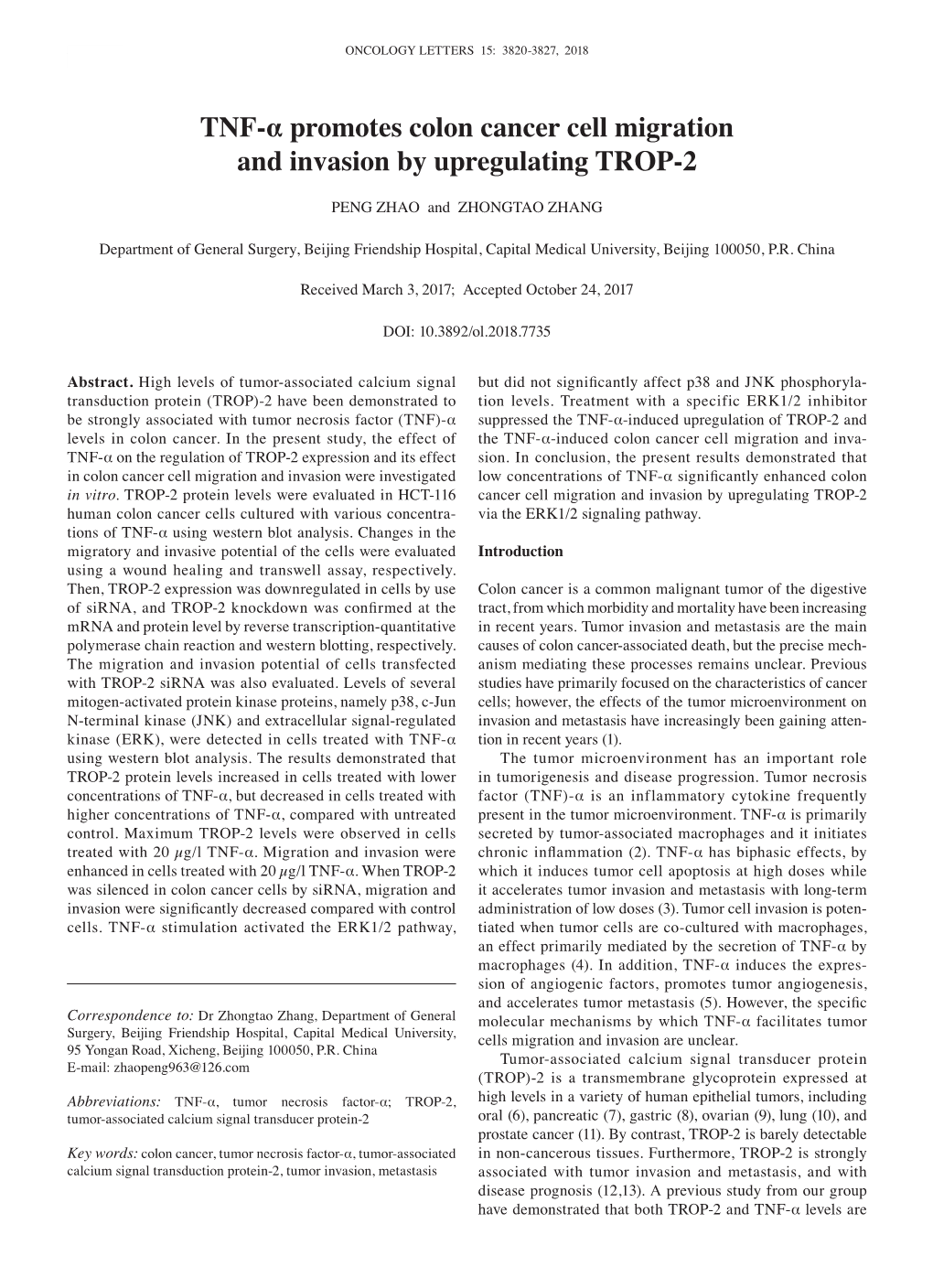 TNF-Α Promotes Colon Cancer Cell Migration and Invasion by Upregulating TROP-2