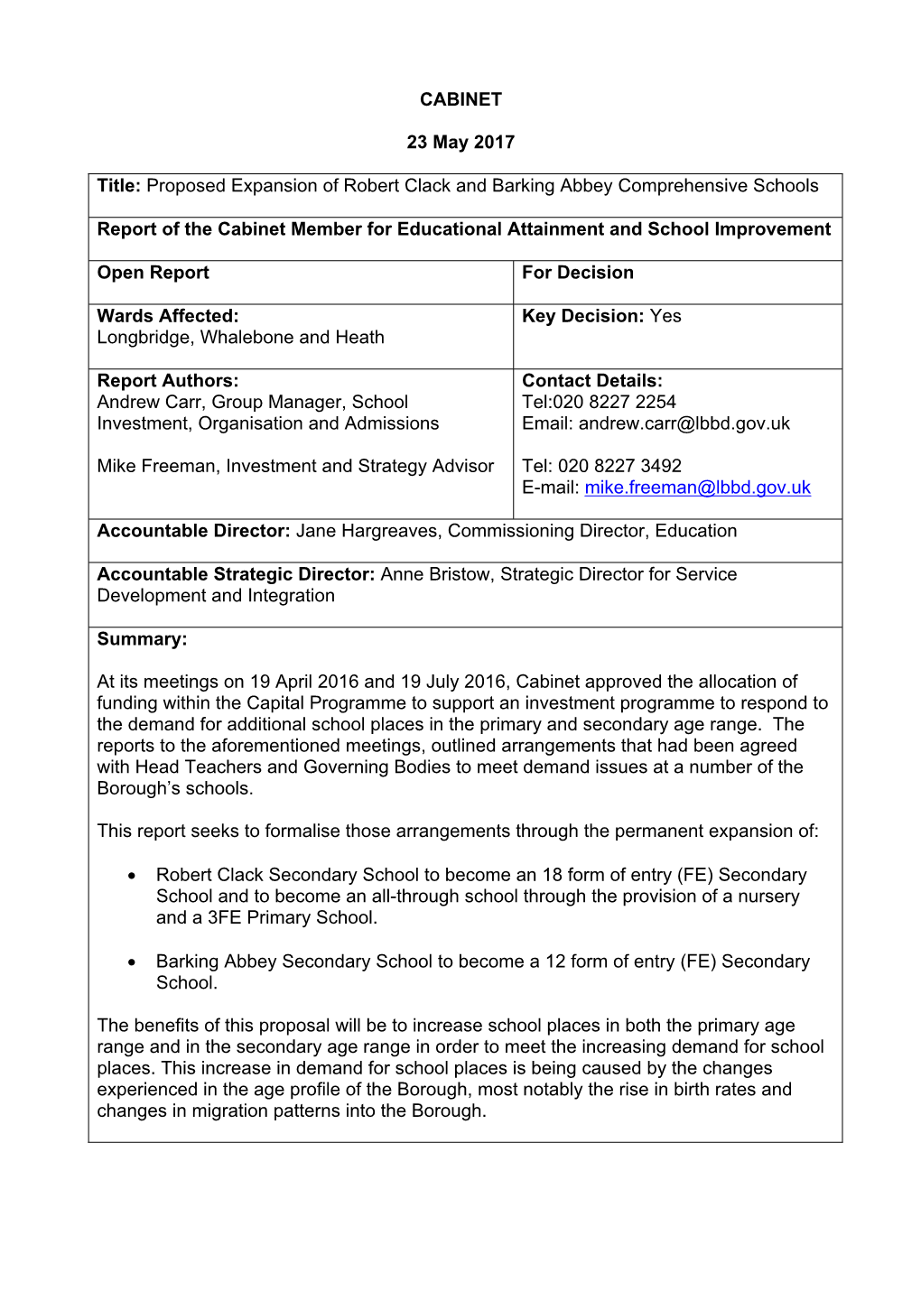 Proposed Expansion of Robert Clack and Barking Abbey Secondary