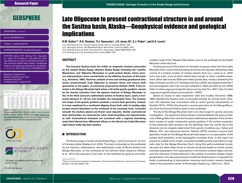 Late Oligocene to Present Contractional Structure in and Around the Susitna Basin, Alaska—Geophysical Evidence and Geological GEOSPHERE; V