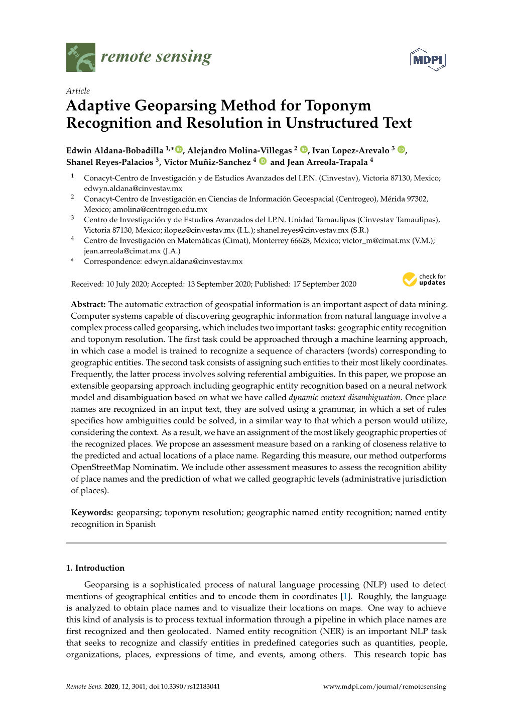 Adaptive Geoparsing Method for Toponym Recognition and Resolution in Unstructured Text