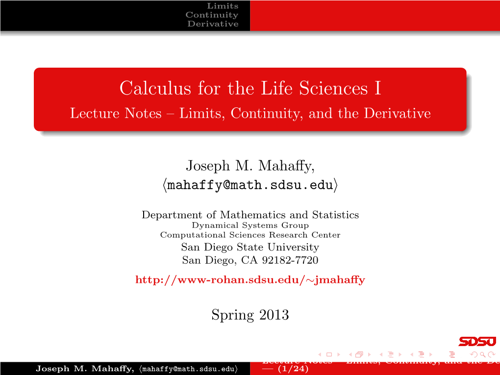 Calculus for the Life Sciences I Lecture Notes – Limits, Continuity, and the Derivative