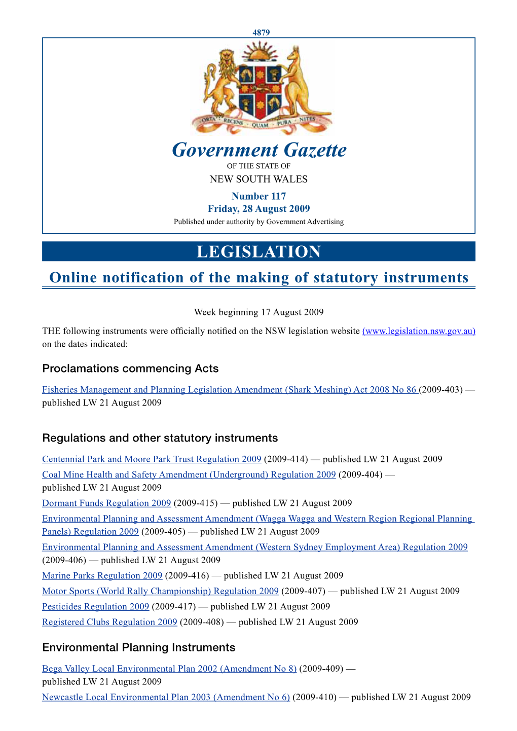 Government Gazette of the STATE of NEW SOUTH WALES Number 117 Friday, 28 August 2009 Published Under Authority by Government Advertising