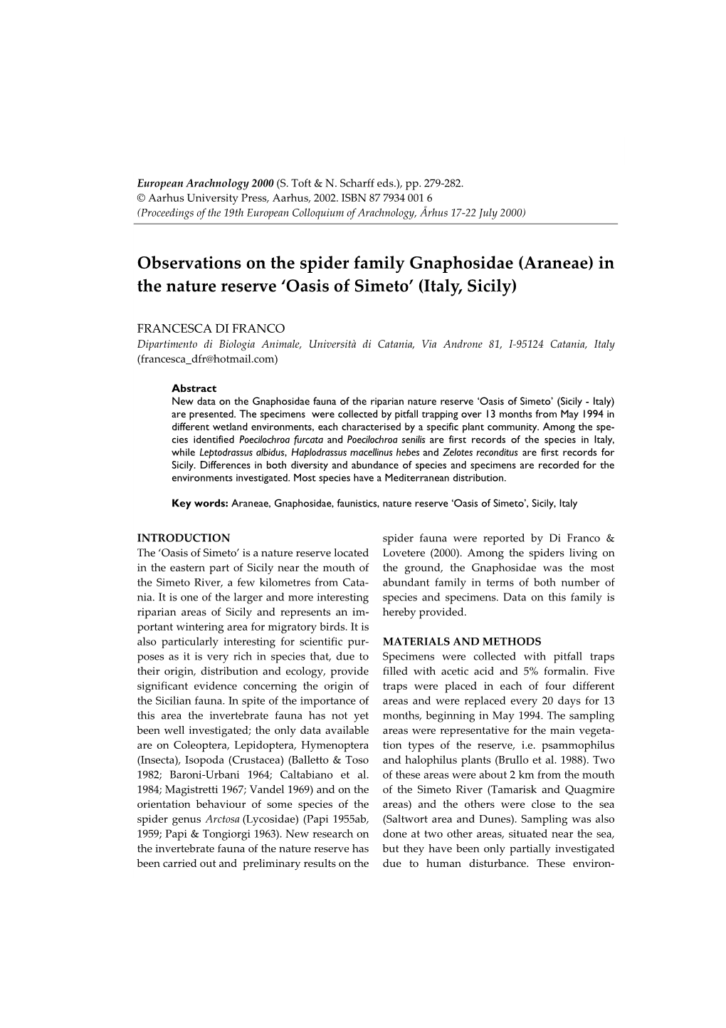 Observations on the Spider Family Gnaphosidae (Araneae) in the Nature Reserve ‘Oasis of Simeto’ (Italy, Sicily)