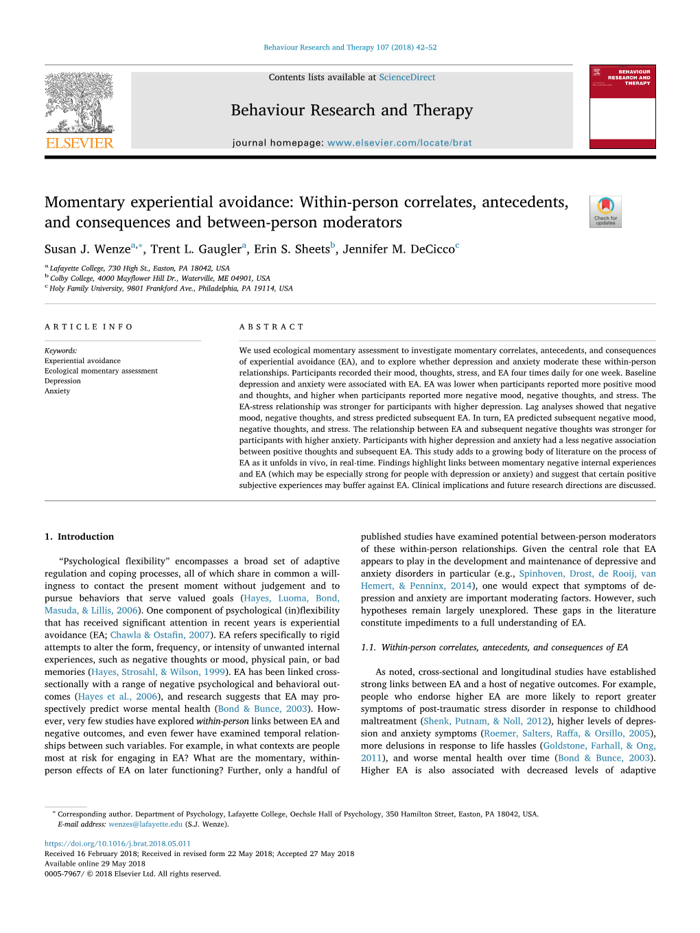 Momentary Experiential Avoidance: Within-Person Correlates, Antecedents, T and Consequences and Between-Person Moderators