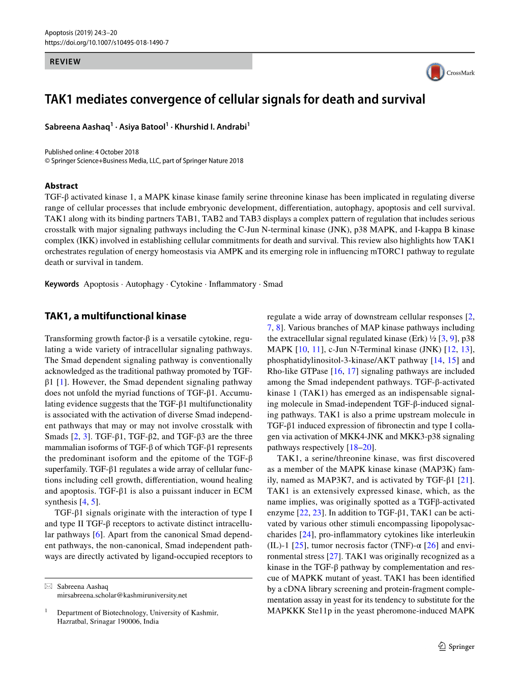 TAK1 Mediates Convergence of Cellular Signals for Death and Survival