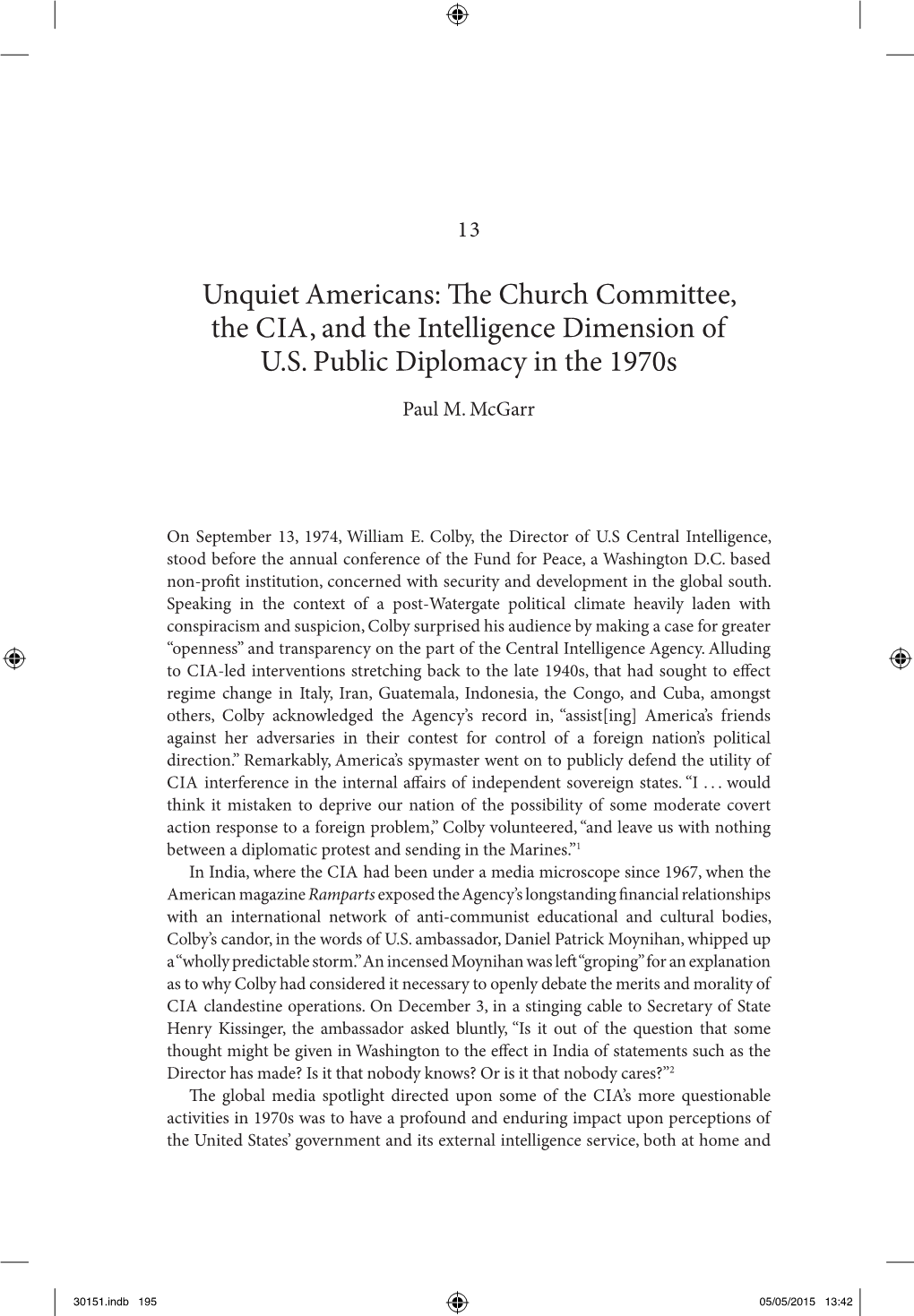 The Church Committee, the CIA, and the Intelligence Dimension of US