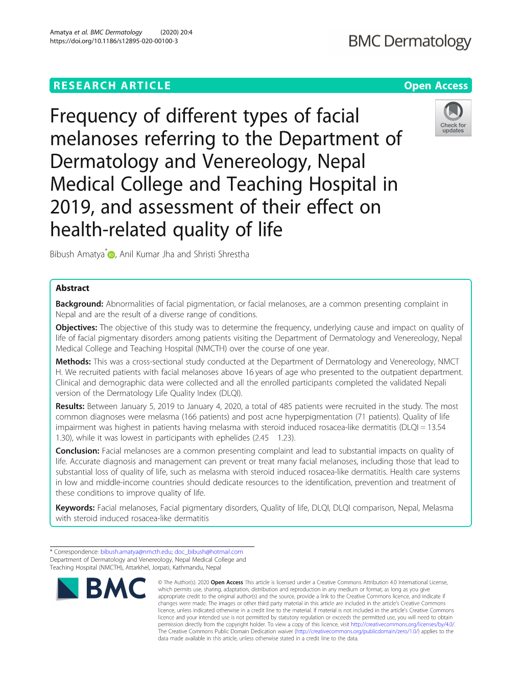 Frequency of Different Types of Facial Melanoses Referring to the Department of Dermatology and Venereology, Nepal Medical Colle