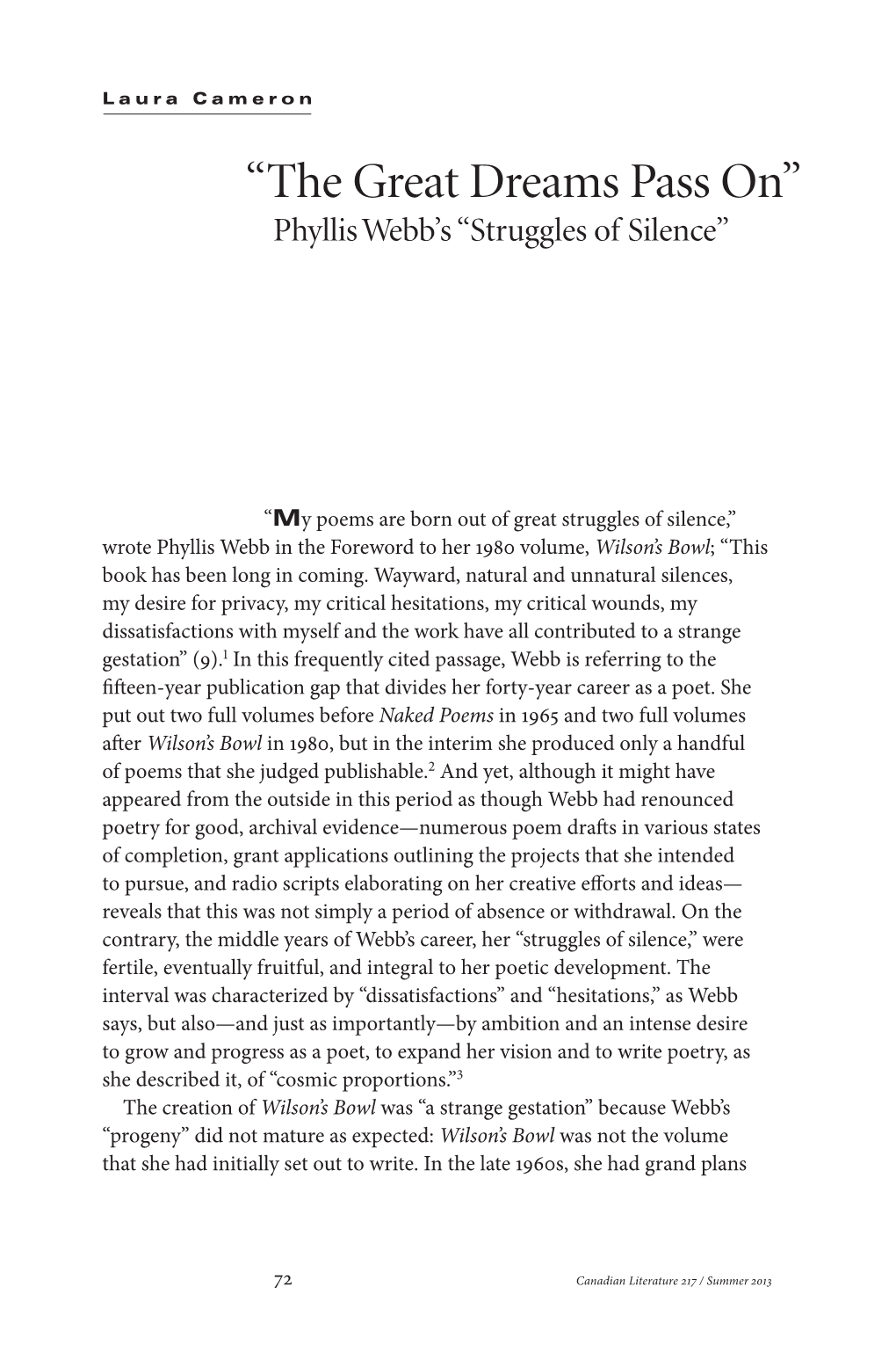 “The Great Dreams Pass On” Phyllis Webb’S “Struggles of Silence”